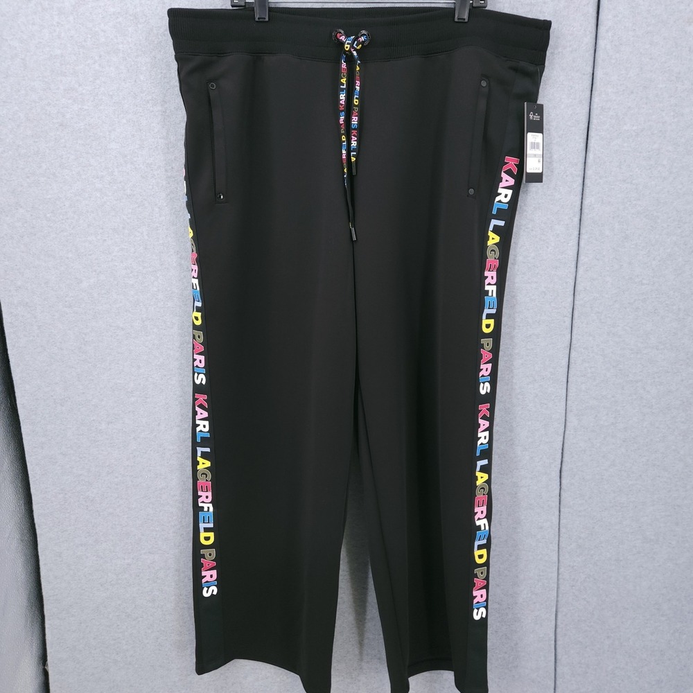 Karl Lagerfeld Paris Straight Side Color Logo Drawstring Black Pants Womens 1X